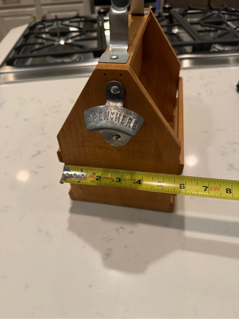 Rustic Wooden Beer Bottle Caddy Carrier w/ Metal Bottle Opener Handle